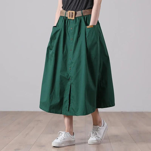 Woman Skirts Washed Cotton Skirt Female Summer High Waist Buttons A-line Skirts All-match Thin Calf-length Sashes Skirt