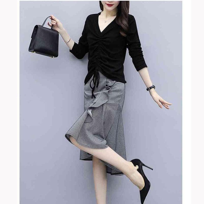 Large Size Women's Skirt Set V-neck Pleated Long-sleeved Top Irregular Ruffled Fishtail Skirt Two-piece Set Spring and Summer Casual Suit