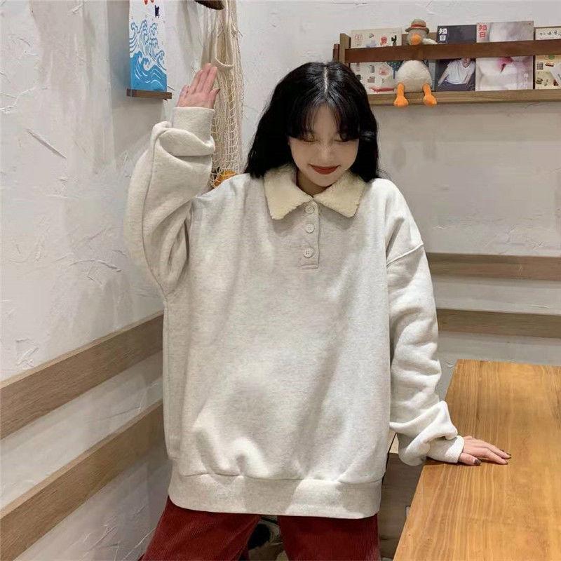 Autumn and Winter Loose Warm Pullover Sweater Women's Color Matching Polo Collar Jacket Jacket All-match Simple and Comfortable