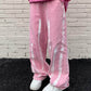 Pink Jeans Female Spring and Autumn Design INS Inkjet Wild Trend Loose Straight Bread Pants