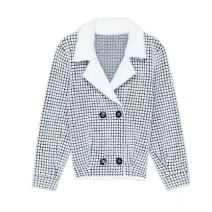 Fuzzy Sweater for Women Faux Mink Fur Checker Knitted Jacket Double-breasted Short Knitted Cardigan Coat
