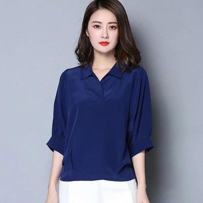 Summer Loose Large Size Simulated Silk Ladies Mid Sleeve Shirt Solid Color Bat Sleeve V-Neck Simple Blouse Casual All Match Pullover Shirts Blouses