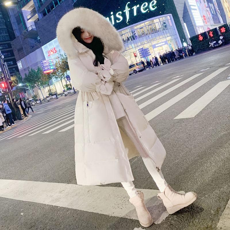 Fashionable Temperament Hooded Fur Collar Women's Down Jacket Autumn and Winter Plus Velvet Thickening Warm Loose Casual White Duck Down Down Jacket