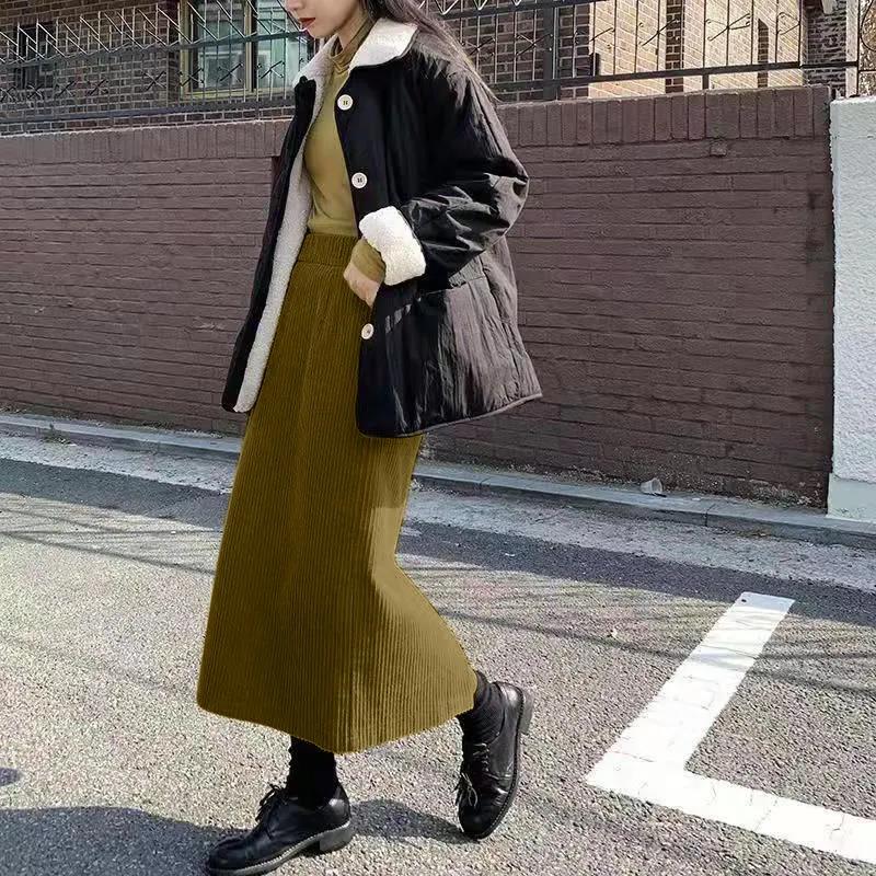 Corduroy Skirt Female Autumn and Winter Korean Version Was Thin and Wild Thick Retro High Waist Bag Hip Mid-length A-line Skirt
