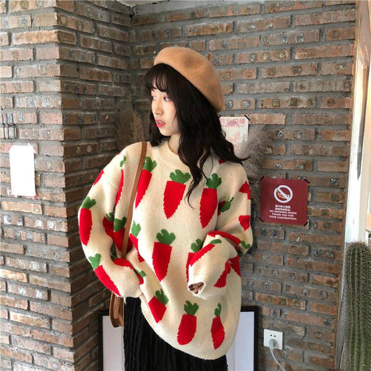 Autumn  Winter WOMEN'S Dress Korean Loose-Fit Versatile Fun Carrot Pattern Sweater Pullover Sweater