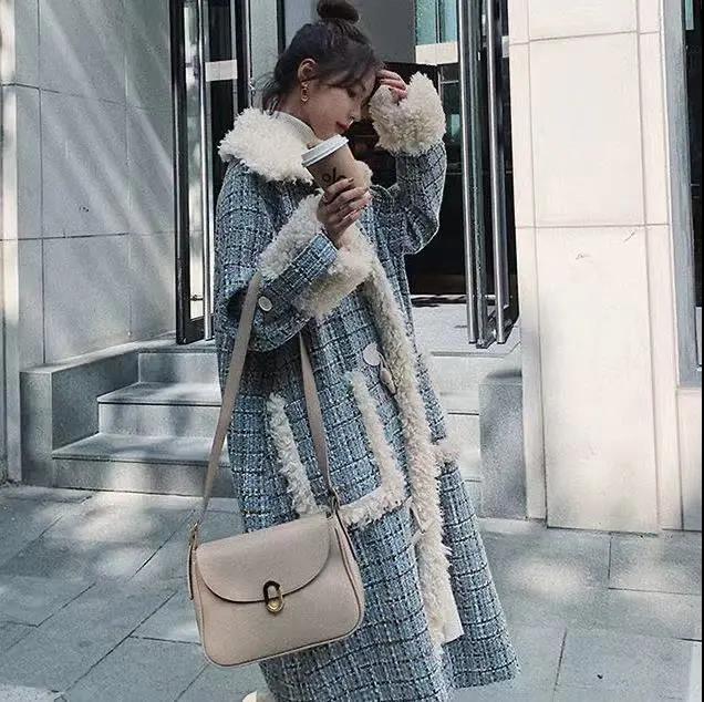 Horn Buckle Plaid Lamb Wool Coat Women Winter Korean Version Loose Thick Over-the-knee Long Woolen Coat
