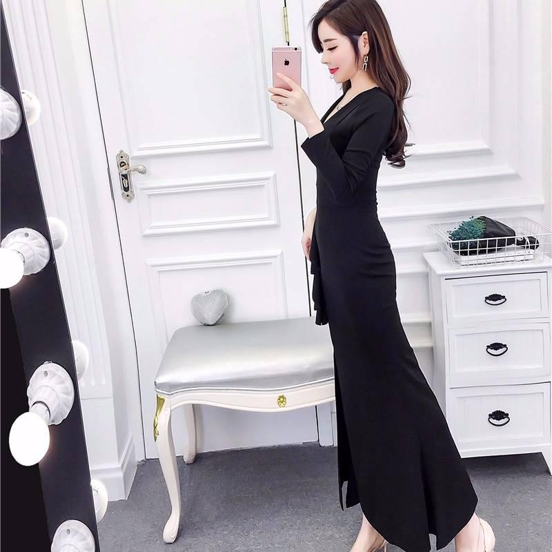 Ruffled Contrast Color Stitching Dress Europe States V-neck Split Ladies Temperament Dress