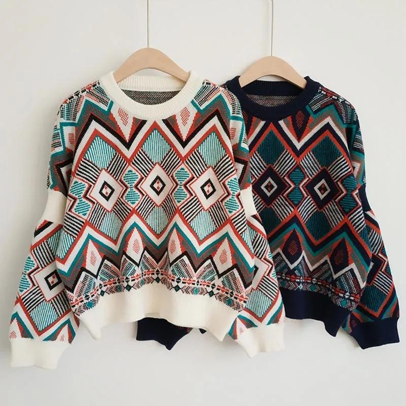 Sweater Women's Pullover Lazy Wind Loose Knitwear Korean Version Diamond Plaid Top Trending Cropped Sweater Spring and Autumn