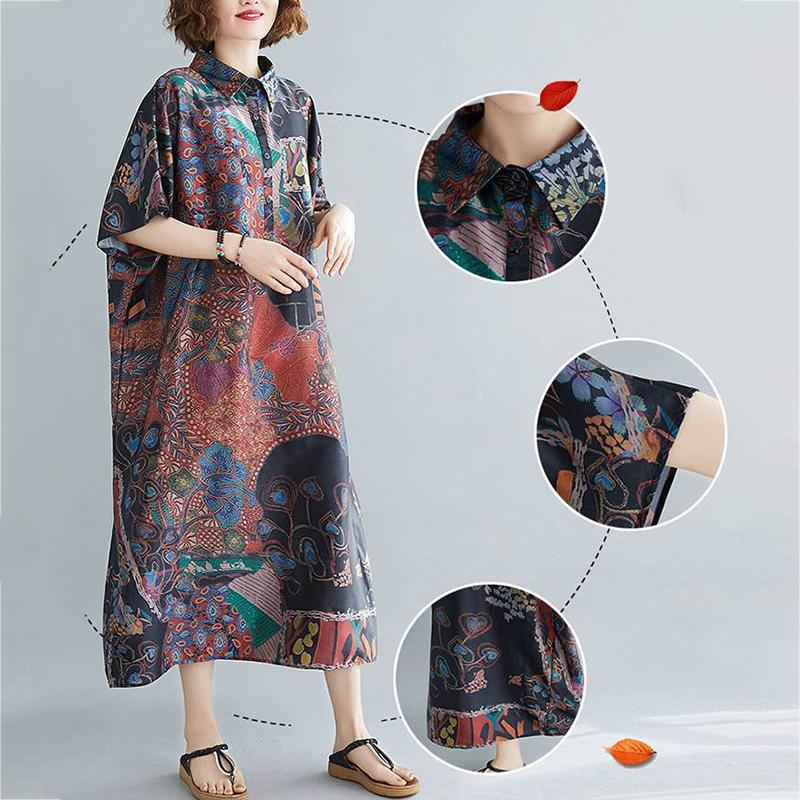 WTEMPO Plus Size Turn-down Collar Women Dress Summer Long Dress Casual Mid-calf Length Pattern Button