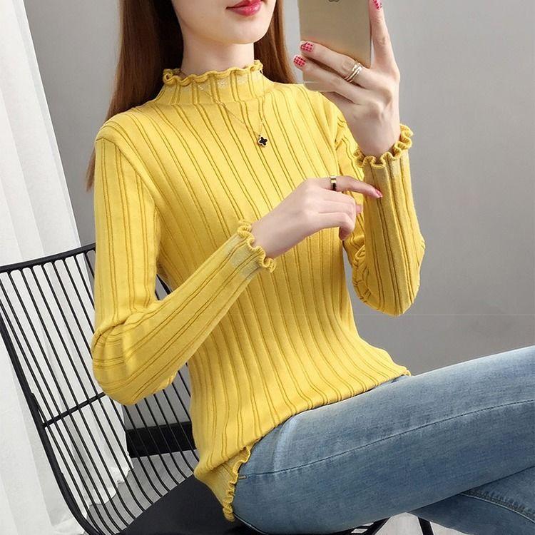 Autumn and Winter Knitted Casual Sweater Long-sleeved Slim-fit Pullover Bottoming Shirt Half High Neck Women's Sweater