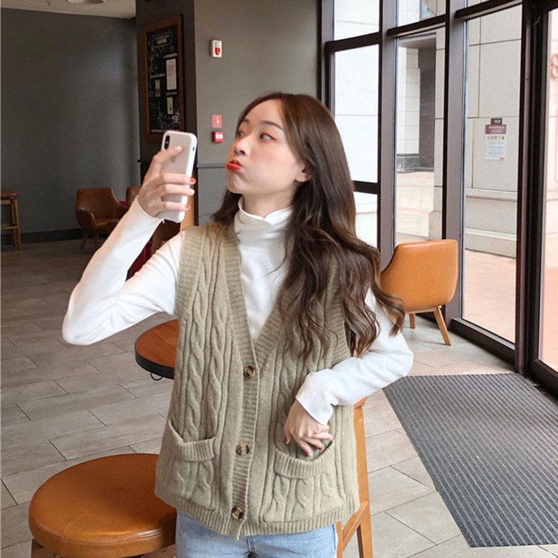 Spring and Autumn Cardigan Knitted Vest Simple Solid Color Sleeveless Top Casual Outer Women's Sweater