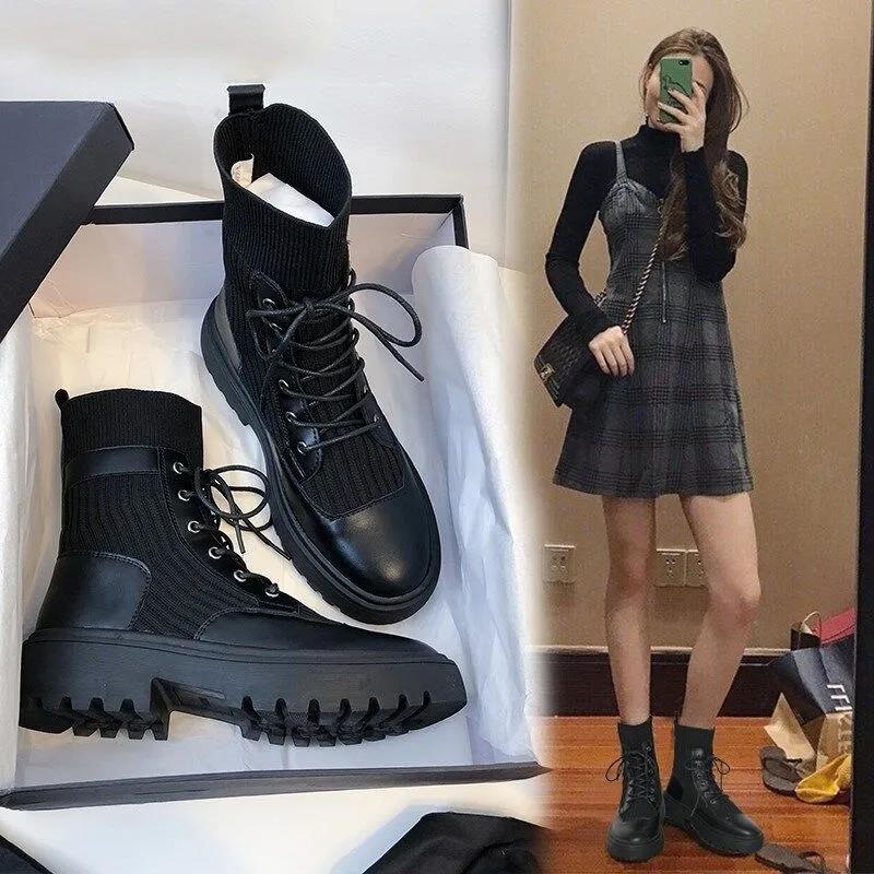 Martin Boots Women's Spring and Autumn Boots Korean Style Wild Breathable British Style Lace-up Ankle Plush Boots