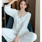 Women's Autumn Winter Sexy Velvet Long-sleeved Pajamas Suit with Chest Pad V-neck Lace Stitching Sweet Homewear Solid Bowknot Lace Edge Nightgowns