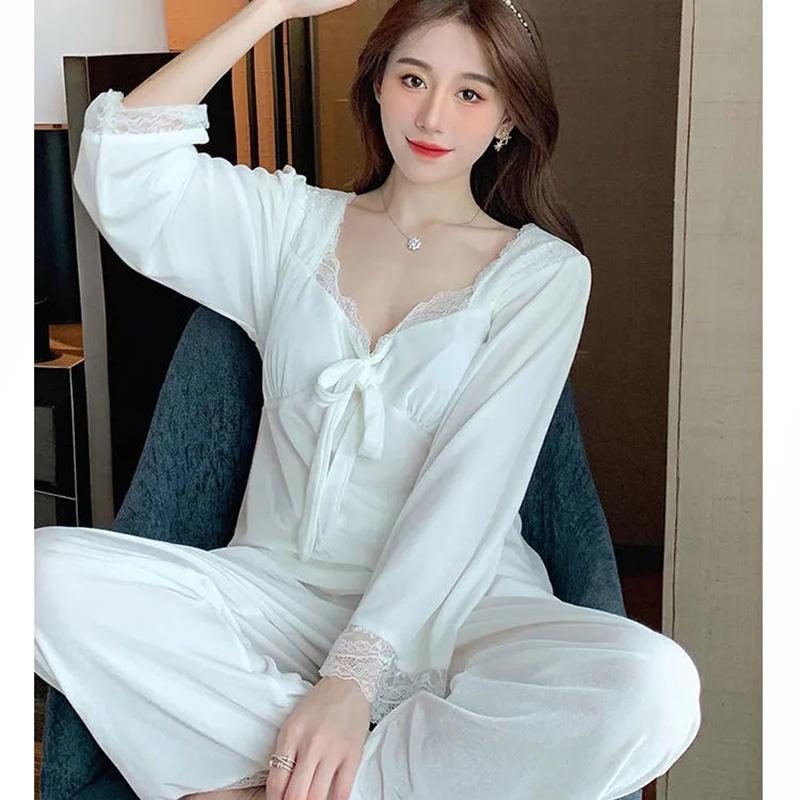 Women's Autumn Winter Sexy Velvet Long-sleeved Pajamas Suit with Chest Pad V-neck Lace Stitching Sweet Homewear Solid Bowknot Lace Edge Nightgowns