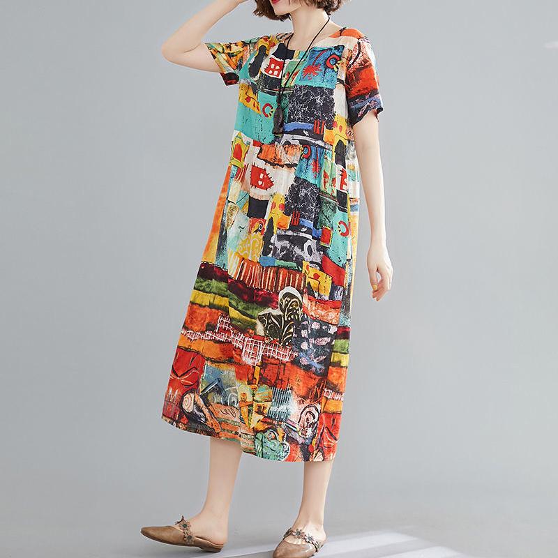 Ethnic Style Dress Female Summer Lively Bright and Loose Mid-length Summer Print Literary Plus Size Skirt
