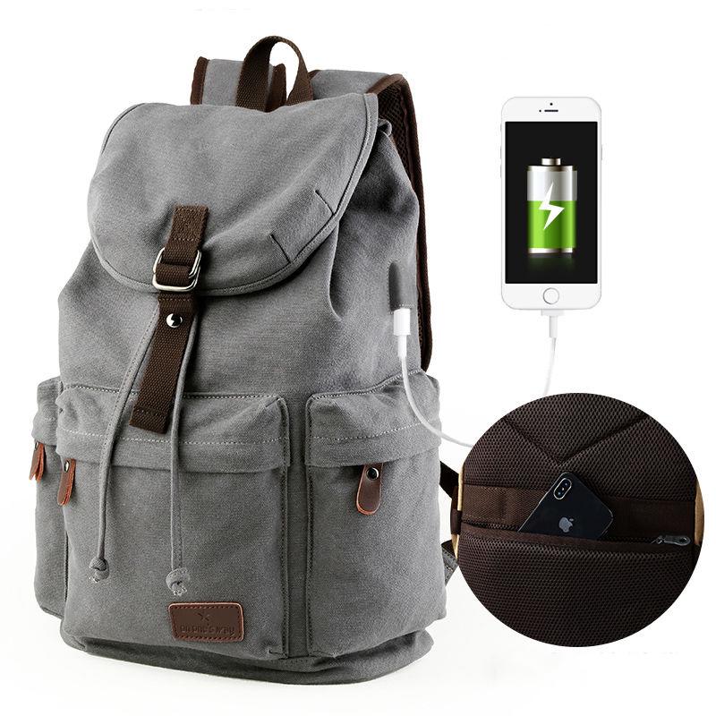 Man Leather Casual USB Interface Backpack Bag Hole Mens School Travel Rucksack Laptop Backpack