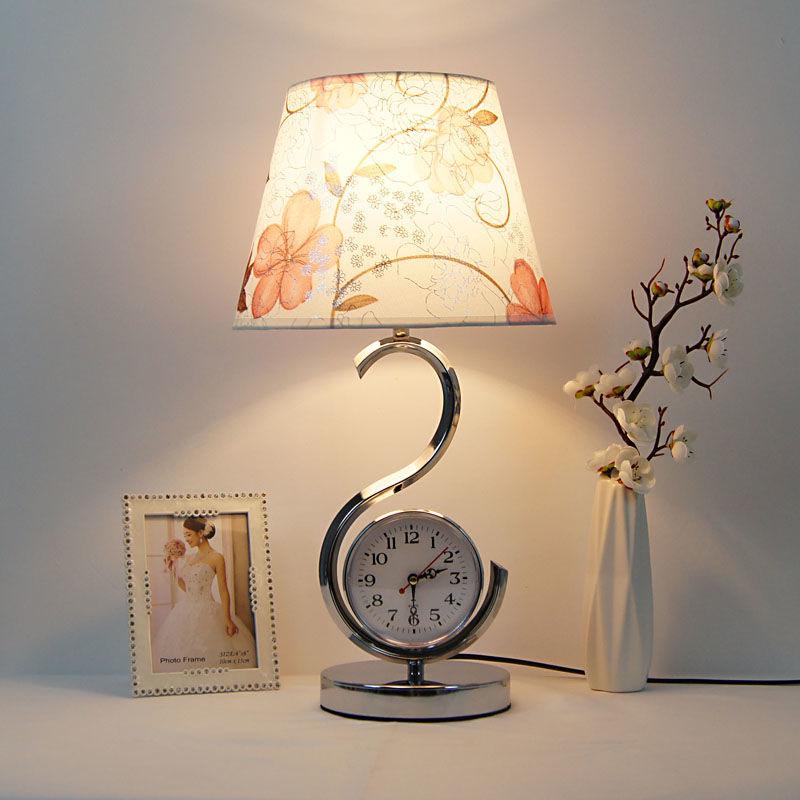 Modern Table Lamp Bedroom Bedside Lamp Living Room Decoration Fabric Lampshade Table Lamp with Clock