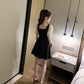 Summer French Retro Puff Sleeve V-neck Waist Waist and Thin Temperament Dress Women's Little Black Dress Mid-length Slim Dress French Retro