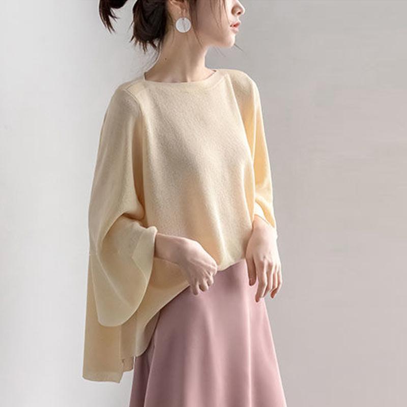 Knit Sweater Women Loose T-shirt Thin Spring, Summer and Autumn Trumpet Three-quarter Sleeves One-shoulder Top