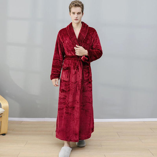 Luxury Nightgown Men's Autumn and Winter Long Coral Fleece Thick Warm Flannel Bathrobe Zipper Home Pajamas Skirt