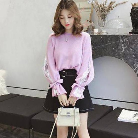 Women Charm Crew Neck Lace Bow Cuffs Base Knitwear Skin-friendly Loose Girly Jumper Sweater