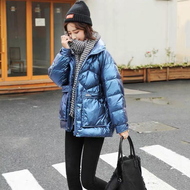 Women's Shiny Mid-length Down Jacket Winter Korean Style Loose Coat Warm Stand-collar Down Jacket