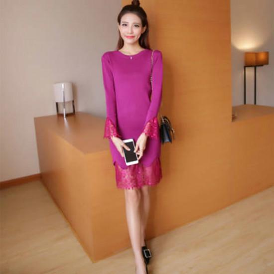 Pofulove 5 Colors Elegant Slim Waist Sweater Dress Sweet O-neck Lace Knitted Long Pullover Skirt
