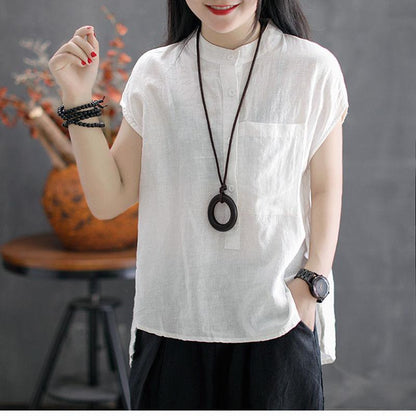 Summer Solid Color Loose Large Size Sleeveless Stand Collar T-Shirt Top Pullover Shirt