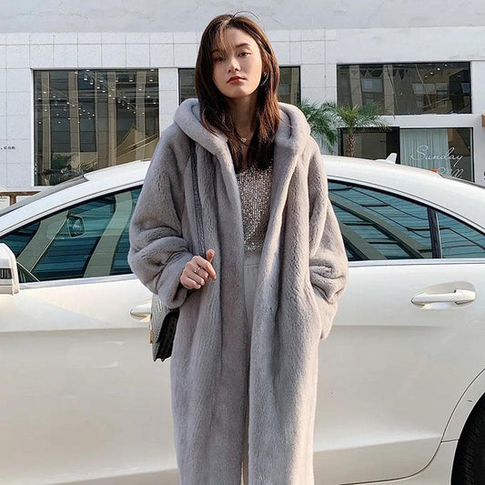 Faux Fur Coat Winter Ladies Mink Velvet Coat Mid-length Hooded Plus Velvet Thick Fashion Warm Fur Coat