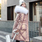 Glossy Disposable Down Padded Jacket Women's Mid-length Korean Style Winter Loose White Large Fur Collar Fashion Padded Jacket