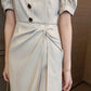 High-end Fabric Puff-sleeved Slit Dress  Square Collar  Open Back, Long-sleeved Waist  Slit Suit Skirt