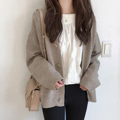 Spring and Autumn Fashion Top Loose V-neck Jacket Cardigan Simple Female Student Sweater