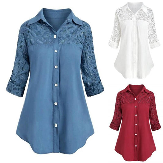 Women Blouse Lace Stitching Collared Long Sleeve Chiffon Loose Blouse Plus Size S-5XL