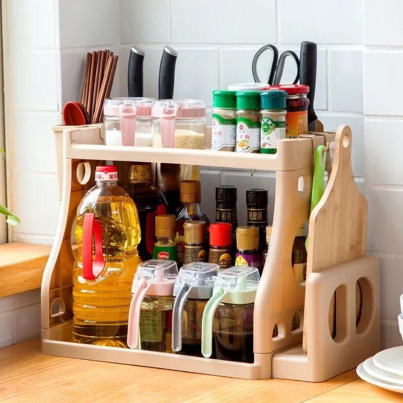 Kitchen Spice Rack Double Size Plastic Spice Knife Cutting Board Storage Shelf Bathroom Shelf Floor