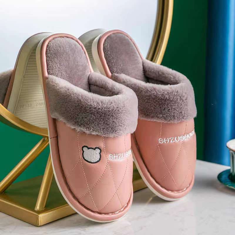 Winter Couple Cotton Slippers Household PU Leather Warm Shoes Waterproof Non-slip Plush Slippers