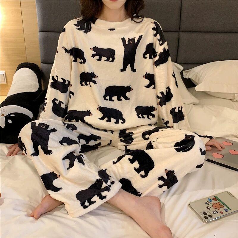 Household Indoor Coral Velvet Thickened Women's Pajamas Flannel Plus Velvet Outer Wear Home Suit