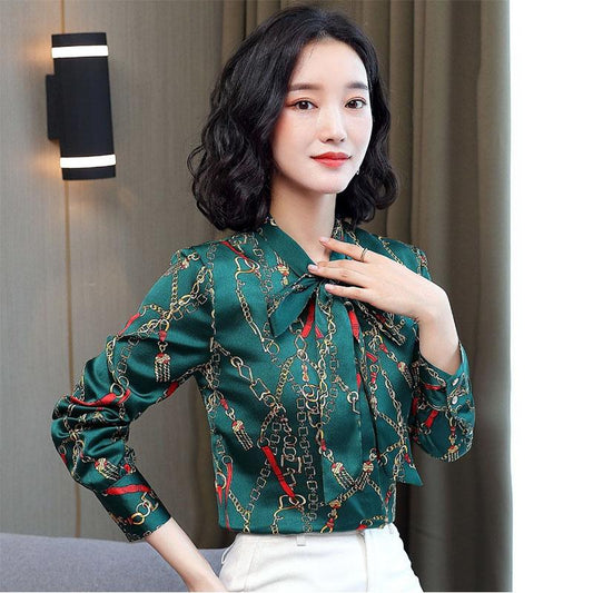 Floral Print Chiffon Long-sleeved Shirt Women's Bow Tie Shirt Commuter Shirt Temperament