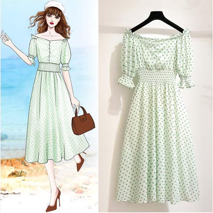 Pofulove Women Polka Dot Off Shoulder Floral Chiffon A-line Dress Thin O-Neck Long Evening Dress