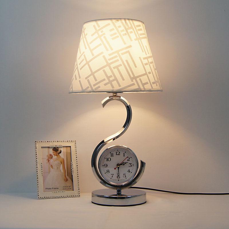 Modern Table Lamp Bedroom Bedside Lamp Living Room Decoration Fabric Lampshade Table Lamp with Clock