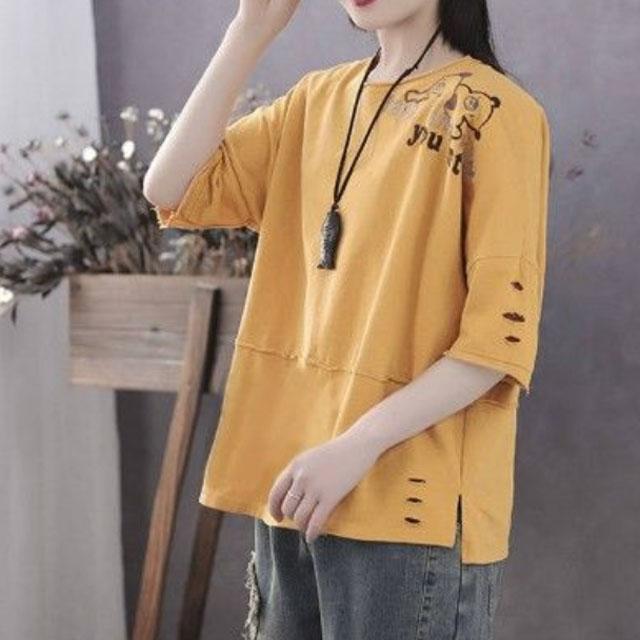 Large Size Short Sleeve Shirt Women Cotton Shirt Bear Print Casual Pullover Thin T-shirt