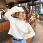 Spring and Autumn Loose Knitted Sweater Long Sleeve Pullover Casual Jacket Short Pure Color Women's Top