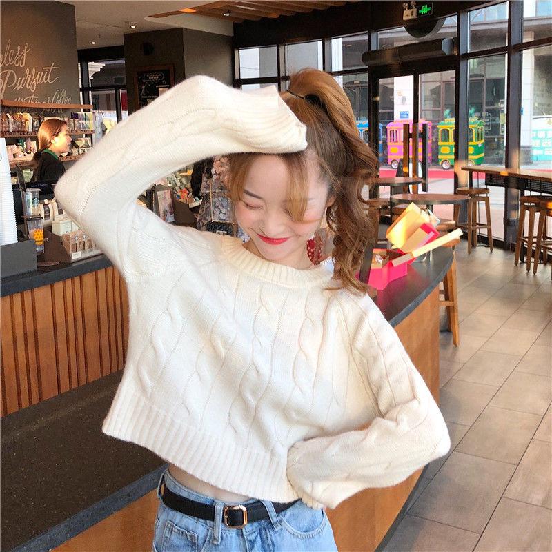 Spring and Autumn Loose Knitted Sweater Long Sleeve Pullover Casual Jacket Short Pure Color Women's Top