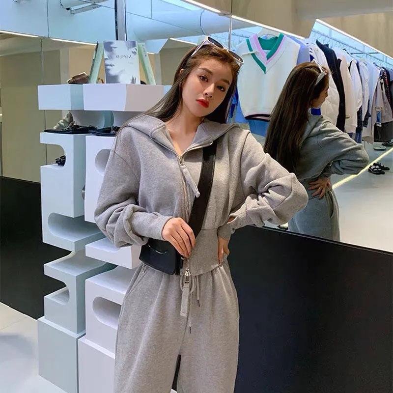 2PCS Women's Spring and Autumn Hooded Sweater Suit Ladies Waist Thin Cardigan + Legging Casual Sports Pants Two-piece Student Fitness Jogging Suit