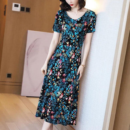 Women's Plus Size Loose Long Printed Dress Slim Round Neck A-line Skirt