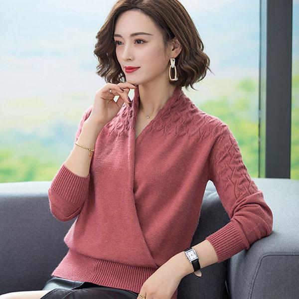 Women's Solid Color Woollen Sweater Loose Plus Size Cross V-neck Sweater Pullover Wool Knit Jumper