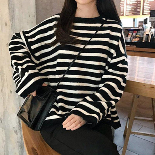 Red/Coffee/black Striped Loose Striped Stretch Sweater Long Sleeve Round Neck Mesh Sweater Women