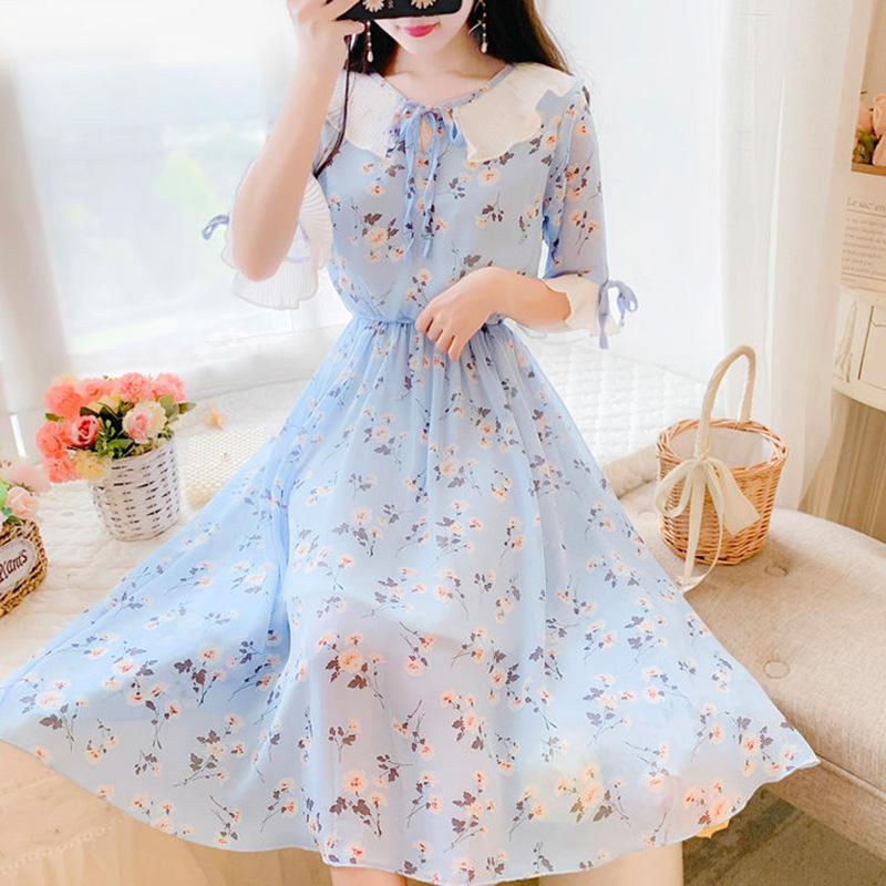 Large Size Dress Summer Mid-length Sweet and Lovely Floral Chiffon Dress Female Temperament Elegant Waist Slimming Slim Chiffon Dress