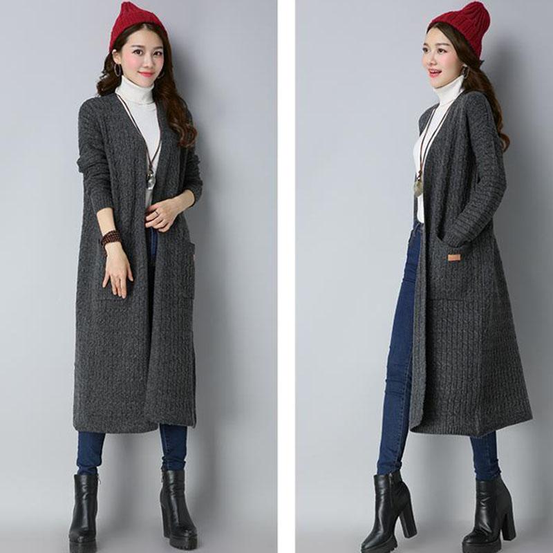 Autumn and Winter Thick Casual Sweater Mid-length Cardigan Over-the-knee Top Pure Simple Female Jacket