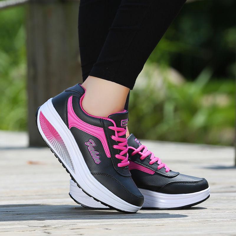 Leather casual sports shoes women thick bottom muffin rocking shoes ladies increased travel shoes