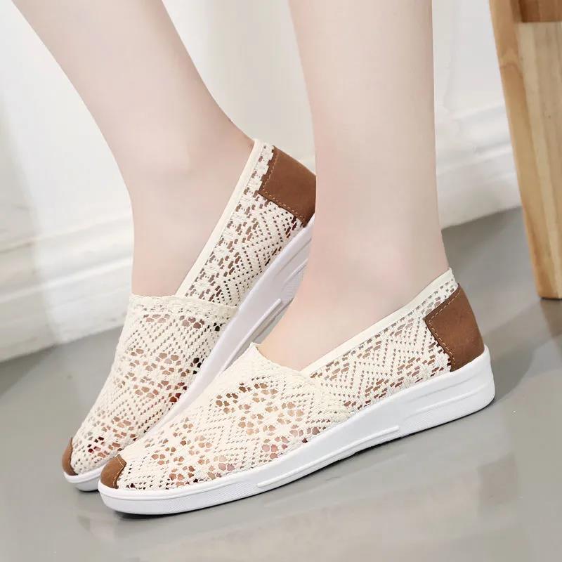 Summer Casual Flats Shoes Woman Hollow Outs Breathable White Lace Work Shoes Flat Bottom Cloth Shoe Loafers